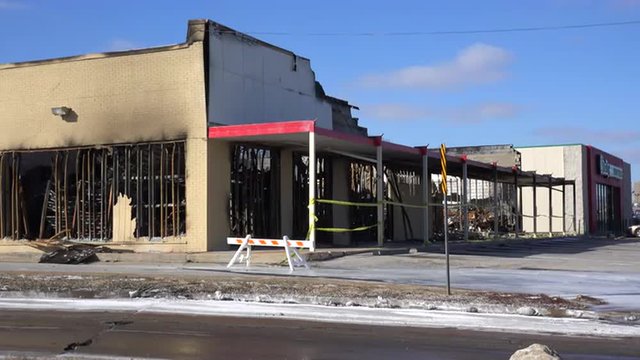 Businesses are burned and destroyed in the aftermath of the rioting in Ferguson, Missouri.