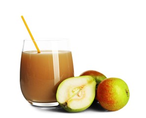 Fresh pear juice with fruit isolated on white