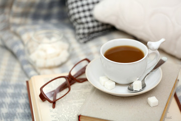 Cup of coffee with books on sofa in living room