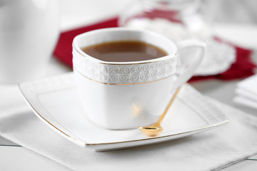 Cup of tea on table close up