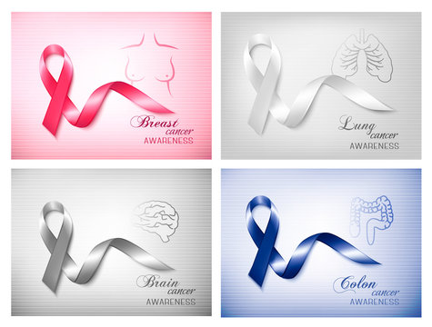 Four banners with different cancer awareness ribbons. Vector.