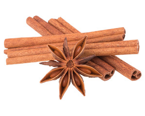 cinnamon stick and star anise spice isolated on white background