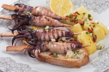 Grilled squid on skewer