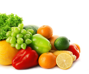 Fresh vegetables and fruits  isolated on white