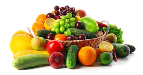 Fresh vegetables and fruits  isolated on white