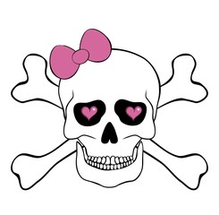 Skull with pink bow and hearts in an eye sockets