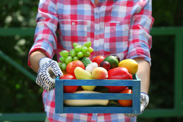 Woman holding crate with fruits and vegetables outdoors