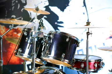 Fototapeta na wymiar Drum set with focus on hi-hat cymbal