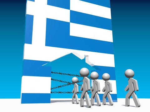 refugees go to home icon textured by greece flag