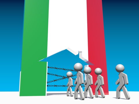 refugees go to home icon textured by italy flag