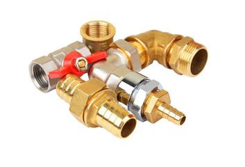 Plumbing fitting and ball valve, isolated on white background