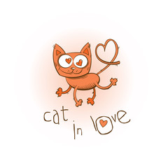 Vector Valentine's Day card with cartoon pink cat in love.