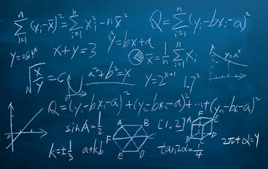 Maths formulas on chalkboard background
