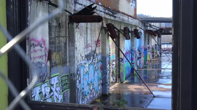 Urban graffiti adorns an abandoned building in an urban area.