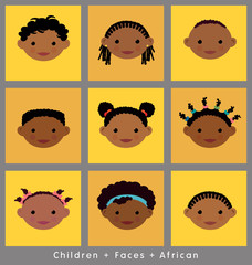 cute faces of children illustrated in flat style. African.