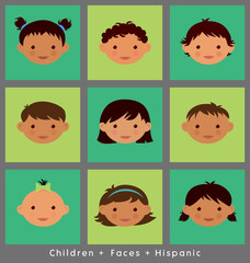 cute faces of children illustrated in flat style. Hispanic.