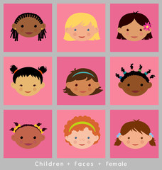 cute faces of little girls illustrated in flat style. 