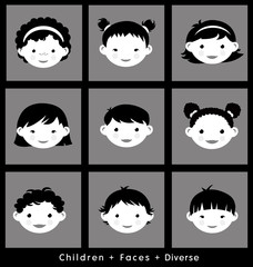 cute faces of children illustrated in flat style. black and white.