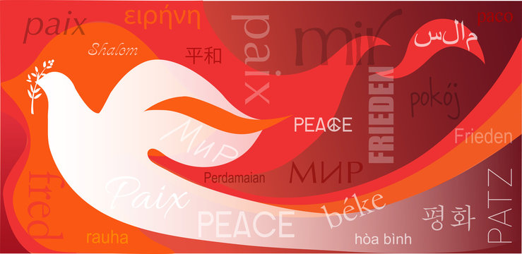 Dove on flames background and word Peace in different languages