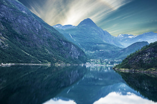 Norway fjord Geiranger, seaside mountains