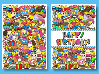 Greeting cards birthday party templates with sweets doodles