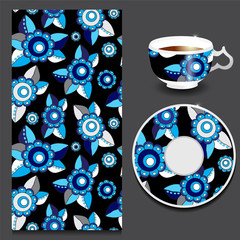 vector seamless floral russian or slavs pattern with cup and pla
