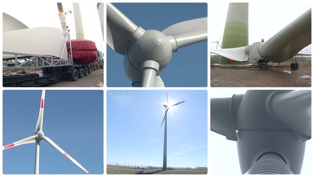 Wind turbine parts transportation and assembly works. Windmills spin in wind producing renewable electricity. Montage of video clips collage. Split screen. White round corner frame. Full HD 1080p.
