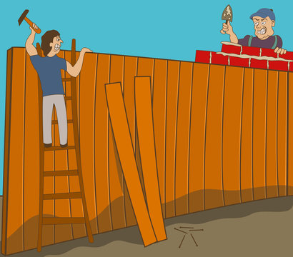 Two neighbors in war are building two different fences on their ground.