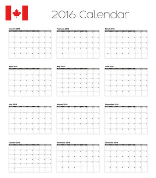 2016 Calendar with the Flag of Canada