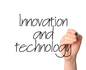 hand write innovation and technology word on white background