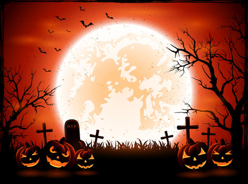 Halloween pumpkins on graveyard