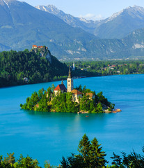 Island Bled in the lake and alps in summertime, Slovenia