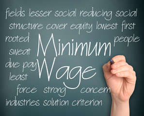 Word cloud concept illustration of minimum wage handwritten on b