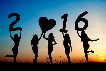 2016 year, composition, shadows, silhouettes of five sexy girls,