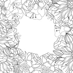 Floral hand drawn zentangle frame. Doodle flowers decorative border.