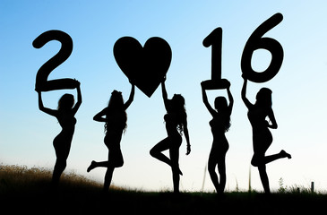 2016 year, composition, shadows, silhouettes of five sexy girls,