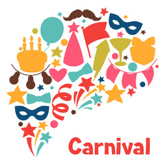 Carnival show and party greeting card with celebration objects