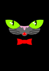 Green cat eyes and a red bow tie. Muzzle your pet on a black bac