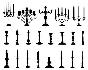 Black silhouettes of candlesticks, vector - obrazy, fototapety, plakaty