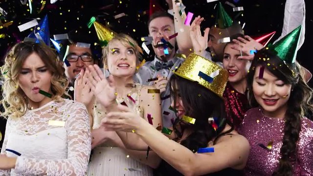 Multi-ethnic group of people celebrating birthday party slow motion photo booth 