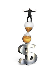 Businessman balancing on hourglass and dollar sign