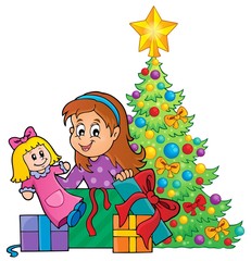 Girl unpacking Christmas gifts theme 1