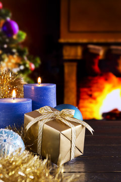 Christmas scene with fireplace and Christmas tree