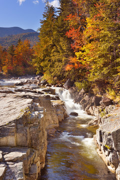 River through fall foliage, Rocky Gorge, Swift River, NH, USA