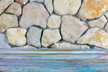 texture grunge wooden countertop near the wall built of stone limestone