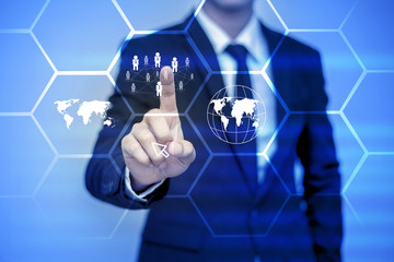 businessman pressing support button on virtual screen