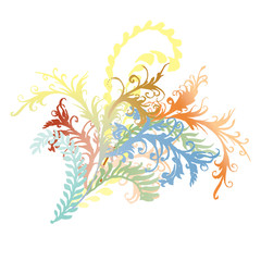 Fototapeta na wymiar Ornate curly flower vines and leaves illustration. Colorful fern flourishes, hand-drawn curly floral burst. 