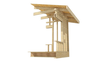 Three-dimensional image of a wooden frame house roof soffit. Cartoon conceptual image