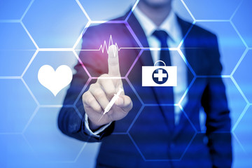 businessman pressing support button on virtual screen