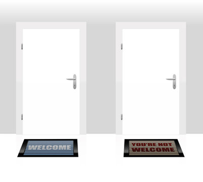 Two doormats lying in front of two doors - one says WELCOME, the other says YOU´RE NOT WELCOME - as a symbol for hospitality and rejection. Vector illustration.